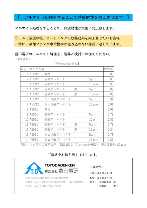 アルマイト処理による熱放射性の向上 (株式会社豊田電研) のカタログ