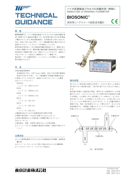 バイオ医薬品製造向け シングルユース超音波流量計検出器 BIOSONIC (東京計装株式会社) のカタログ