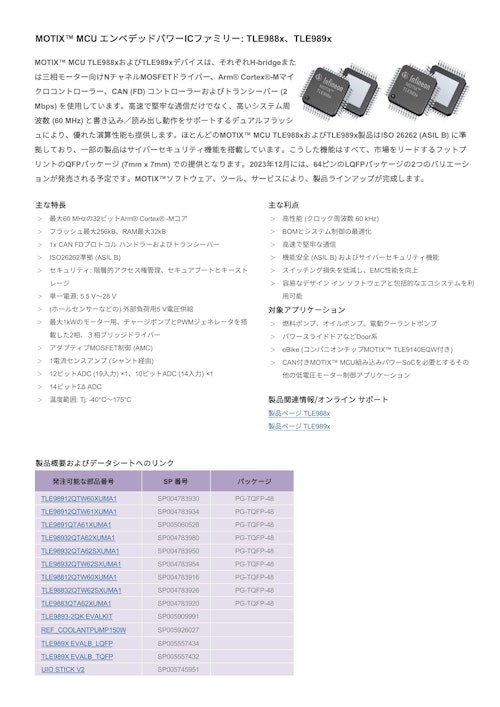 MOTIX™ MCU エンベデッドパワーICファミリー: TLE988x、TLE989x (インフィニオンテクノロジーズジャパン株式会社) のカタログ