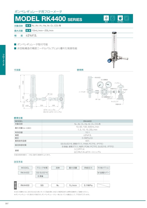 ボンベレギュレータ用フローメータ　MODEL RK4400 SERIES (コフロック株式会社) のカタログ