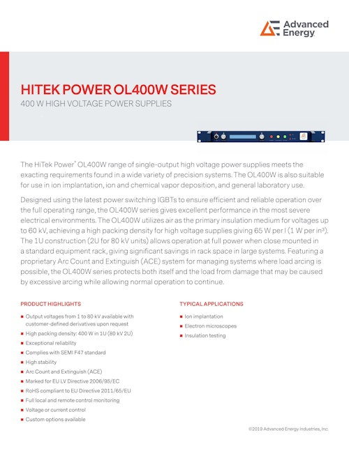 HITEK POWER OL400W SERIES (Advanced Energy Industries, Inc.) のカタログ