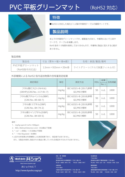 RoHS2 対応　PVC 平板グリーンマット (株式会社共ショウ) のカタログ