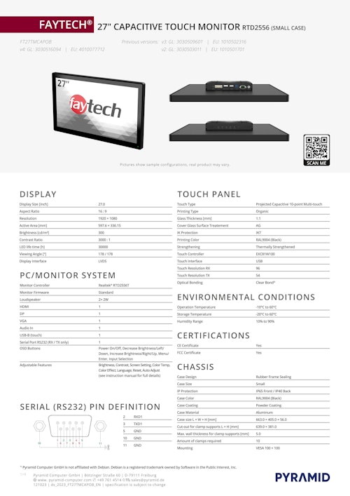 27インチ 産業用IP65タッチパネルモニター faytech FT27TMCAPOB (サンテックス株式会社) のカタログ