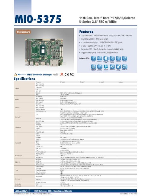 第11世代 Intel Core搭載 3.5インチ組込みCPUボード、MIO-5375 (アドバンテック株式会社) のカタログ