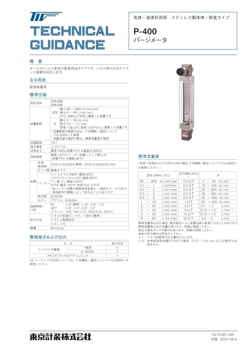 P-400シリーズ パージメータ (東京計装株式会社) のカタログ