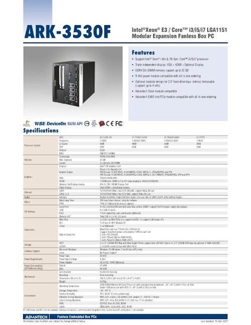Intel Xeon/Core 搭載 産業用ファンレスPC、 ARK-3530F (アドバンテック株式会社) のカタログ