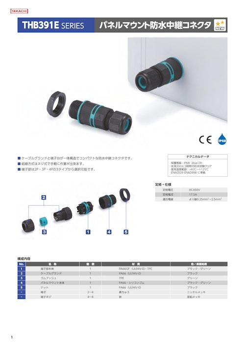 パネルマウント防水中継コネクタ（タカチ電機工業）カタログパンフレット (株式会社BuhinDana) のカタログ