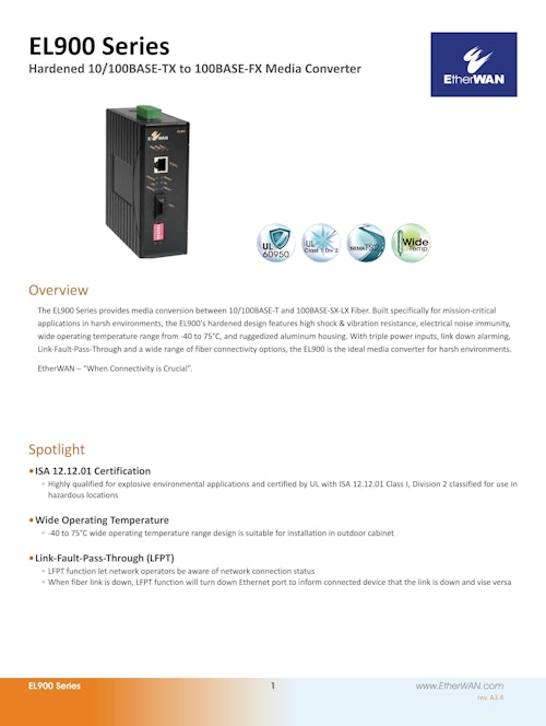 EL900 Series　ファストイーサネット・メディアコンバータ (EtherWAN Systems, Inc.) のカタログ