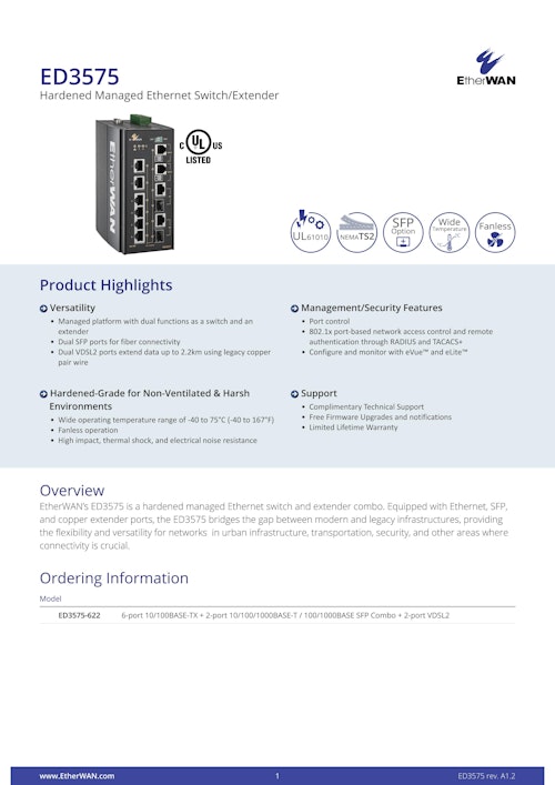 ED3575　イーサネット・エクステンダー　メタル線対応 (EtherWAN Systems, Inc.) のカタログ