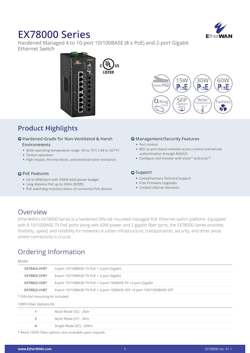 EX78000 Series　PoE ソリューション　広範囲動作温度対応産業用PoEスイッチ (EtherWAN Systems, Inc.) のカタログ