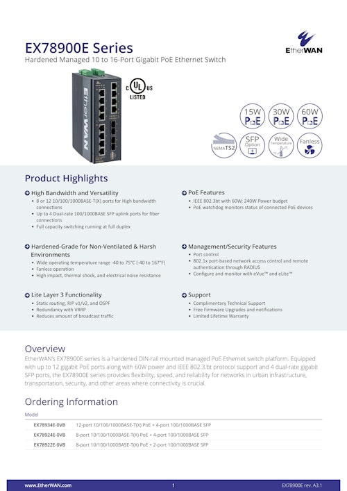 EX78900E Series　PoE ソリューション　広範囲動作温度対応産業用PoEスイッチ (EtherWAN Systems, Inc.) のカタログ