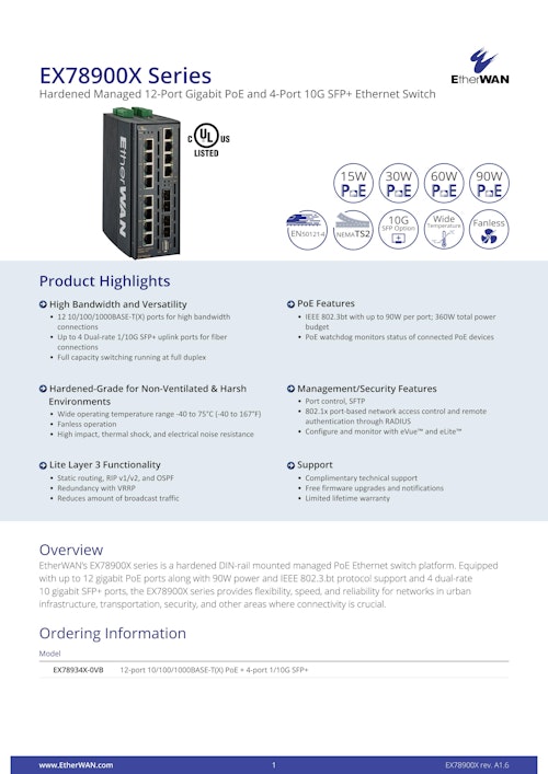 EX78900X Series　PoE ソリューション　広範囲動作温度対応産業用PoEスイッチ (EtherWAN Systems, Inc.) のカタログ