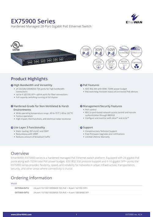 EX75900 Series　PoE ソリューション　広範囲動作温度対応産業用PoEスイッチ (EtherWAN Systems, Inc.) のカタログ