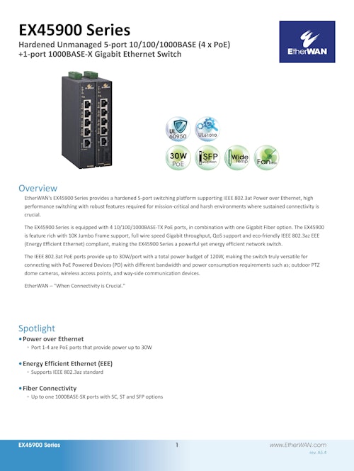 EX45900 Series　PoE ソリューション　広範囲動作温度対応産業用PoEスイッチ (EtherWAN Systems, Inc.) のカタログ