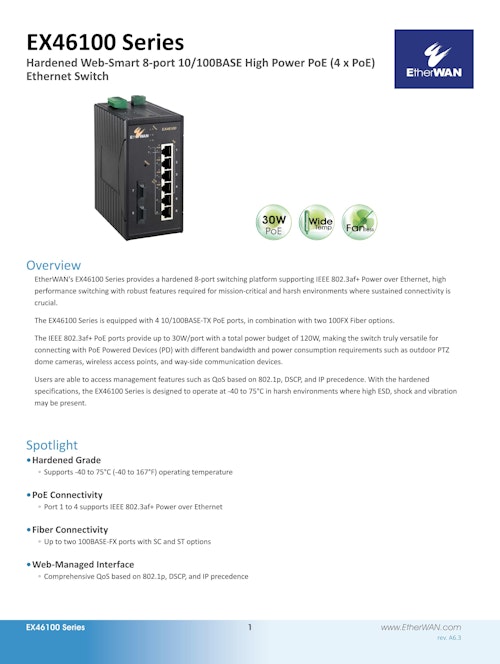 EX46100 Series　PoE ソリューション　広範囲動作温度対応産業用PoEスイッチ (EtherWAN Systems, Inc.) のカタログ