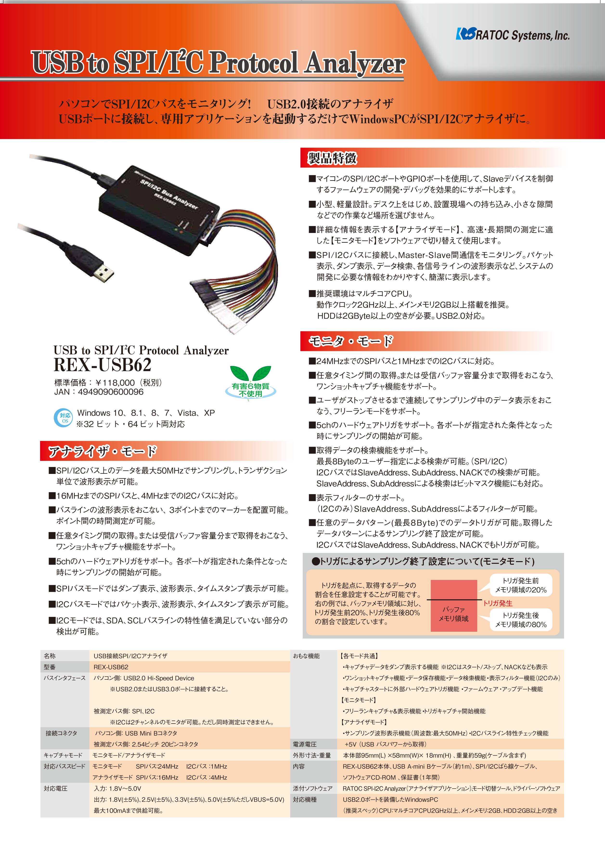 ラトックシステム USB接続SPI I2Cアナライザ REX-USB62