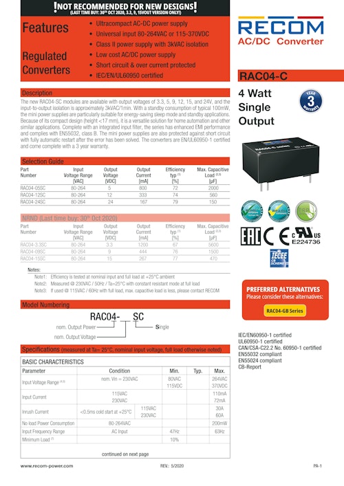 AC/DC Converter RAC04-C (サンシン電気株式会社) のカタログ