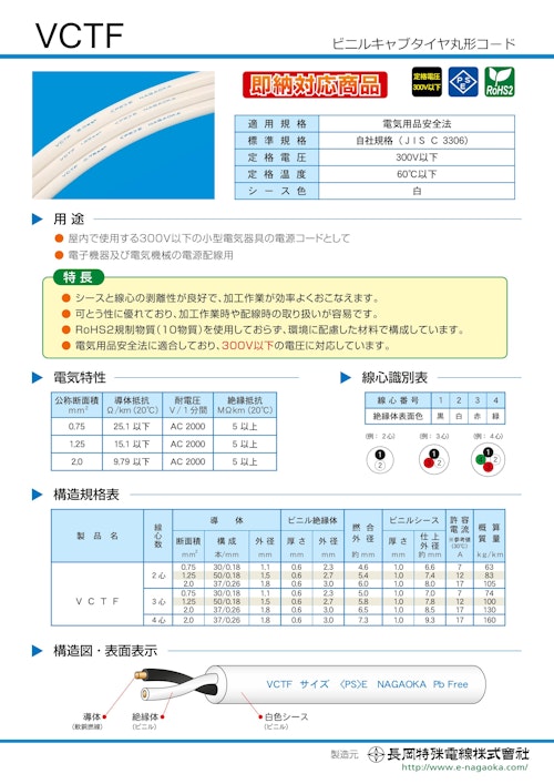 長岡特殊電線　VCTF 白シース (二松電気株式会社) のカタログ