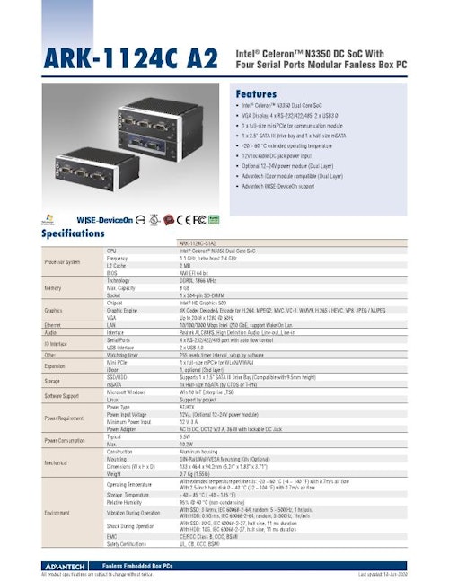 Intel Celeron搭載 産業用ファンレスPC、ARK-1124C (アドバンテック株式会社) のカタログ