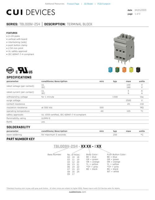 CUI DEVICES SERIES: TBL009V-254 │ DESCRIPTION: TERMINAL BLOCK (株式会社シーユーアイ・ジャパン) のカタログ