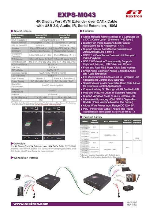 DP+USB KVM延長器 Rextron EXPS-M043 (サンテックス株式会社) のカタログ