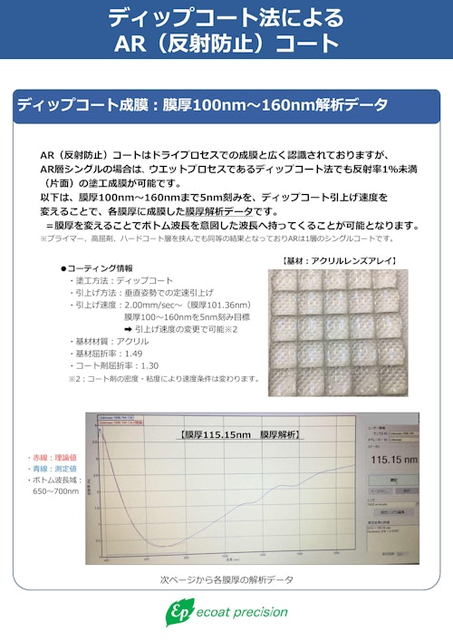 ディップコート法によるAR（反射防止）コート実績データ (株式会社エコートプレシジョン) のカタログ