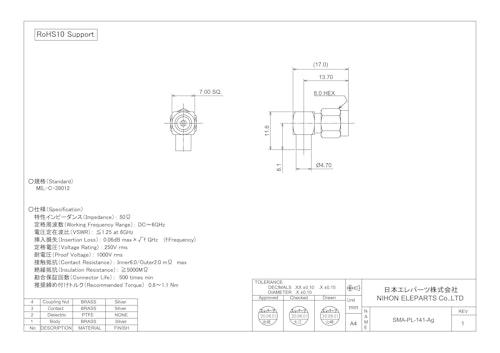 SMA-PL-141-Ag (日本エレパーツ株式会社) のカタログ