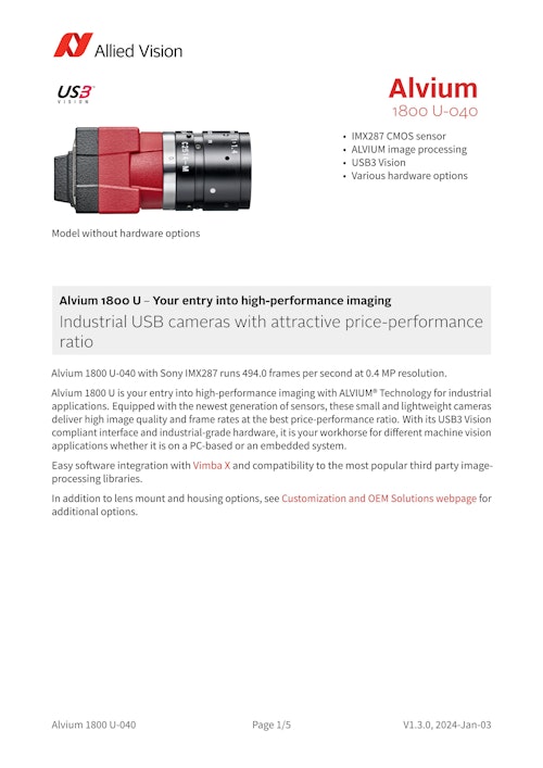 0.4メガ　USB3.0 小型産業カメラ Alvium 1800 U-040　データシート (Allied Vision Technologies ASIA PTE.LTD) のカタログ
