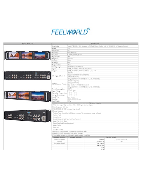 ３連ラック取付 5インチワイド撮影用モニターFEELWORLD T51 (サンテックス株式会社) のカタログ