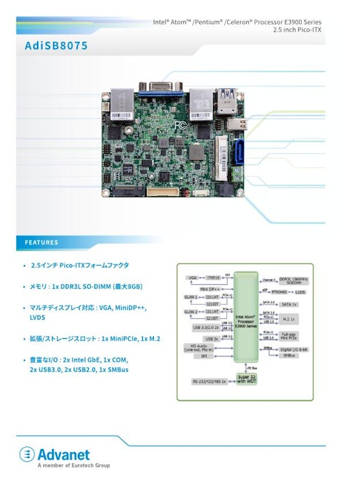 【AdiSB8075】インテル Atom™/Pentium™/Celeron™ E3900 プロセッサ搭載、2.5インチ Pico-ITX シングルボードコンピュータ (株式会社アドバネット) のカタログ