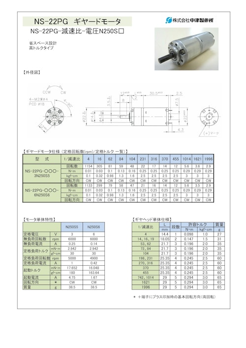 ギヤードモータ遊星ギヤ　NS-22PG-減速比-電圧N250S□　3V・6V (共栄通信工業株式会社) のカタログ