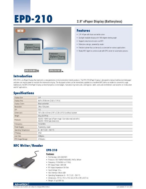 電子ペーパー式ネームカード、EPD-210 (アドバンテック株式会社) のカタログ