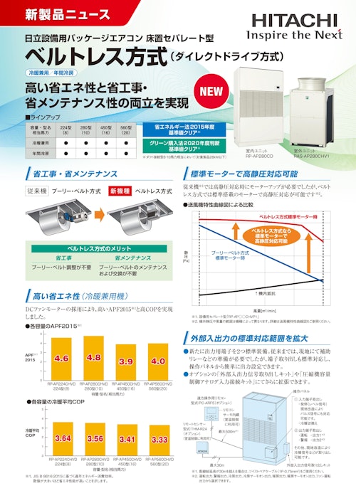 【日立】設備用パッケージエアコン「床置セパレート型ベルトレス方式（ダイレクトドライブ方式）」 (九州機電株式会社) のカタログ