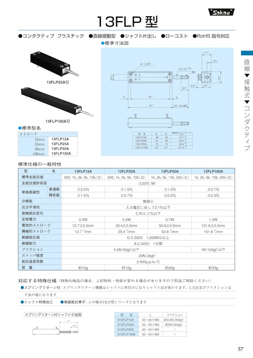 直線摺動ポテンショメータ-接触式　13FLP12A★、13FLP25A★、13FLP50A★、13FLP100A★ (共栄通信工業株式会社) のカタログ