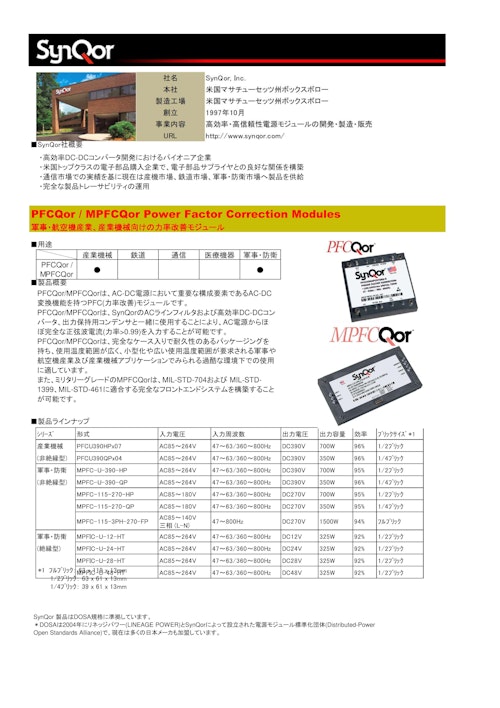 SynQor 軍事・航空機産業、産業機械向けの力率改善モジュール (株式会社アルテックス) のカタログ