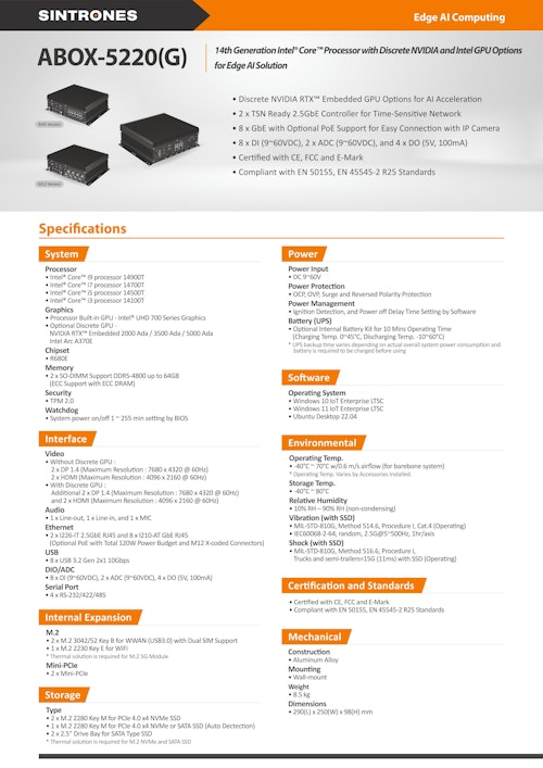 第14世代 CPU 搭載 エッジAI 車載組込みPC SINTRONES ABOX-5220(G) (サンテックス株式会社) のカタログ