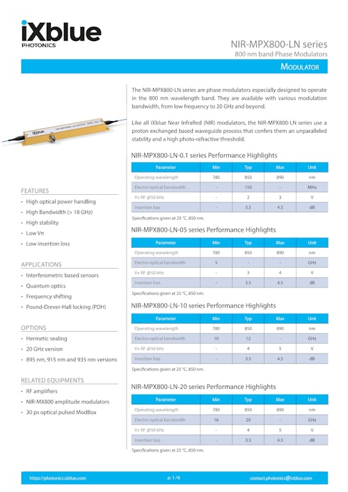 800nm帯 5GHz/10GHz/20GHz 位相変調器＜NIR-MPX800-LNシリーズ＞ (セブンシックス株式会社) のカタログ
