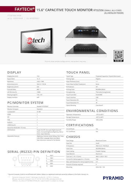 15.6インチ 産業用IP65アルミフレーム・タッチモニター faytech   FT156TMACAPOB (サンテックス株式会社) のカタログ