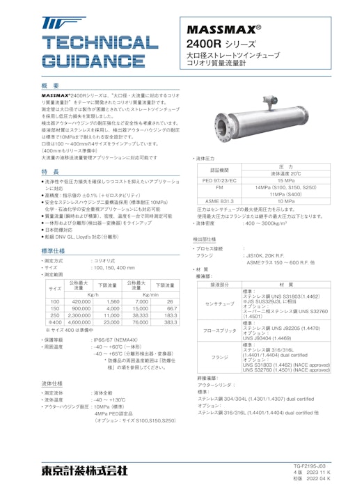 コリオリ質量流量計MASSMAX2400R (東京計装株式会社) のカタログ