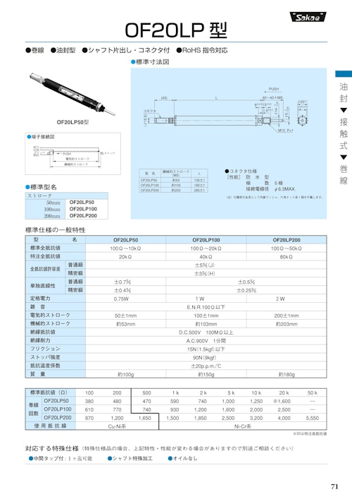 直線摺動ポテンショメータ-油封式　OF20LP50、OF20LP100、OF20LP200 (共栄通信工業株式会社) のカタログ