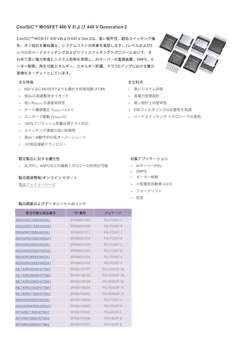 CoolSiC™ MOSFET 400 V および 440 V Generation 2 (インフィニオンテクノロジーズジャパン株式会社) のカタログ
