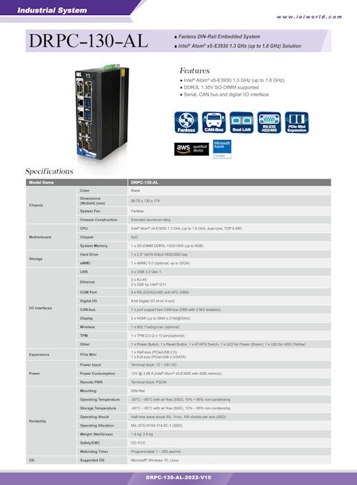 ApolloLake 産業用組込みPC IEI DRPC-130-AL (サンテックス株式会社) のカタログ