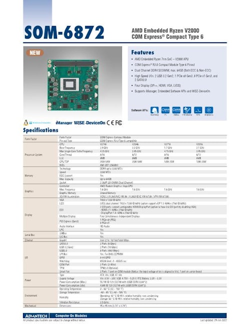 AMD Ryzen V2000 搭載 COM Express、SOM-6872 (アドバンテック株式会社) のカタログ