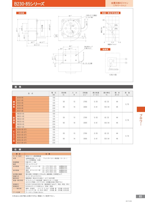 金属羽根ACファンモーター　B230-85シリーズ (株式会社廣澤精機製作所) のカタログ