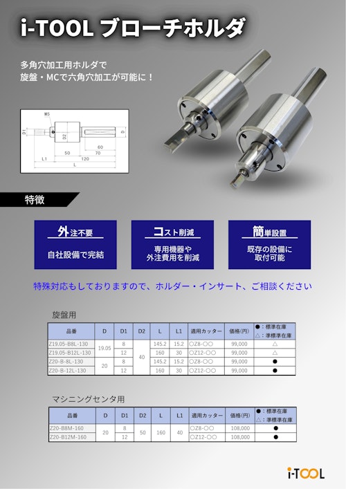 旋盤やマシニングセンタで六角穴加工ができるツール　i-TOOL　ブローチホルダー (株式会社IZUSHI) のカタログ