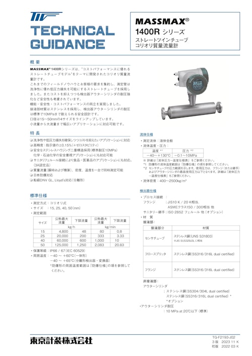 コリオリ質量流量計MASSMAX1400R (東京計装株式会社) のカタログ