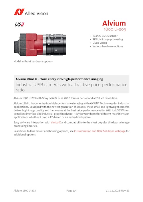 2メガ　USB3.0 小型産業カメラ Alvium 1800 U-203　データシート (Allied Vision Technologies ASIA PTE.LTD) のカタログ