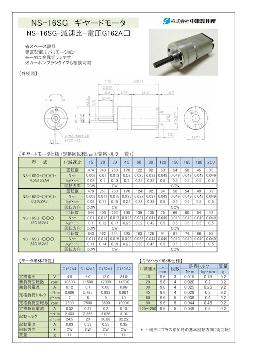 ギヤードモータ　NS-16SG-減速比-電圧G162A□ (共栄通信工業株式会社) のカタログ