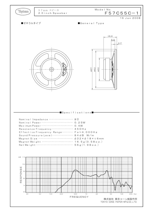 TOPTONE(東京コーン紙製作所）の音声向けスピーカー F57C55C-1 の資料です。 (株式会社BuhinDana) のカタログ