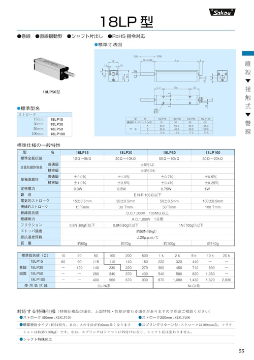 直線摺動ポテンショメータ-接触式　18LP15、18LP30、18LP50、18LP100 (共栄通信工業株式会社) のカタログ